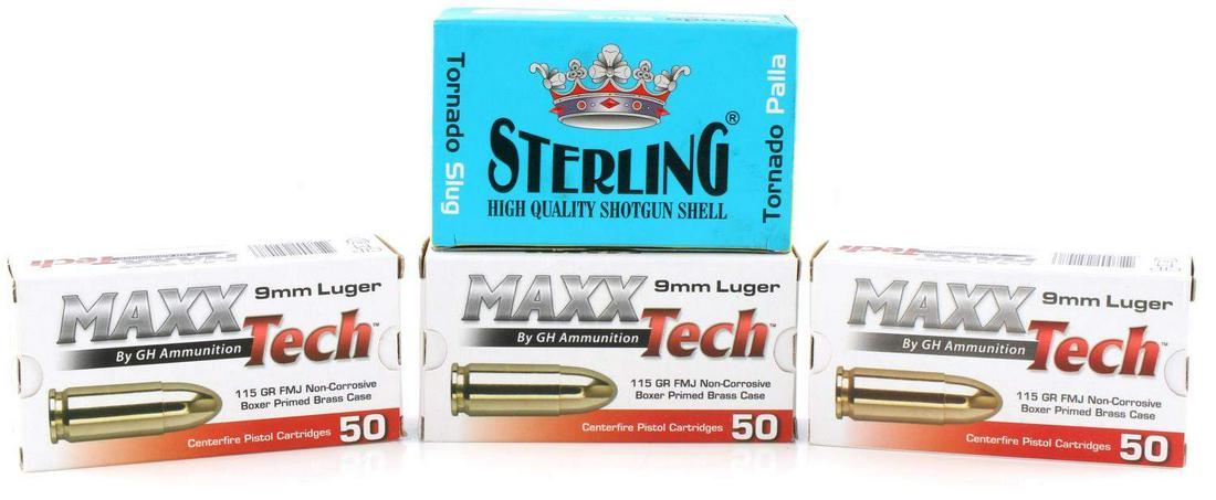 160 ROUNDS STERLING 12 GAUGE SLUG & MAXX TECH 9MM: 1 box of Sterling 12 gauge shotgun shells. 2 3/4 inch. 3 Boxes of Maxx Tech 9mm ammo. 115 gr. FMJ. New in box.