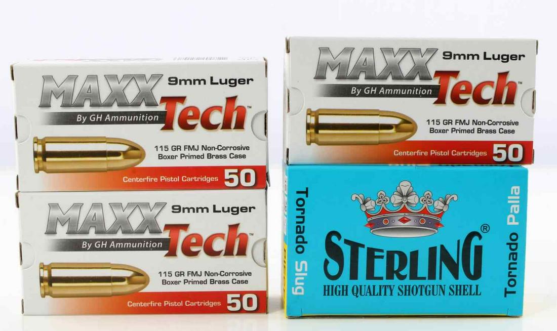 160 ROUNDS STERLING 12 GAUGE SLUG & MAXX TECH 9MM: 1 box of Sterling 12 gauge shotgun shells. 2 3/4 inch. 3 Boxes of Maxx Tech 9mm ammo. 115 gr. FMJ. New in box.