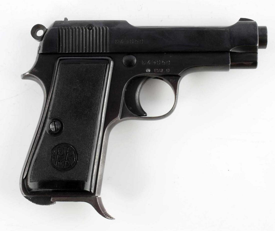 M1934 BERETTA SEMI AUTO PISTOL 9MM CAL AND HOLSTER: M1934 Beretta Semi Automatic 9mm Caliber Pistol, serial number 643050. Barrel measures 3.7 inches, bore is bright and clear, chambering in 9 X 17mm. Serial numbers match on slide and frame. Receiver i