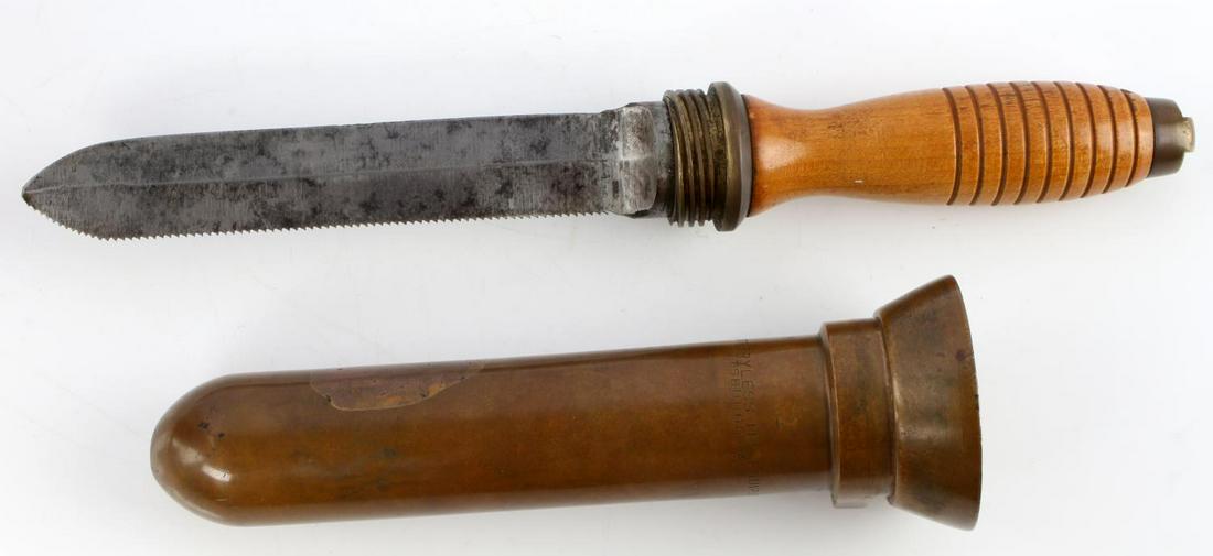 WWII US NAVY MKV DEEP SEA DIVERS KNIFE W SCABBARD: WWII US Navy deep sea diver's knife with brass scabbard. Very good wooden handle with 6 inch double-sided saw back blade. Unmarked blade. Brass scabbard is marked "MFD. by Batteryless Tel. Equip. Co. 