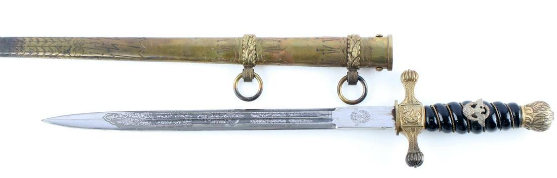 WWII GERMAN ORIGINAL NSDAP WATER POLICE DAGGER: Original German Water Police dagger measures 13.75 inches in scabbard, with 14.25 inch blade and 4.5 inch handle. Has 1920's type black celluloid handle with NSDAP police eagle. Blade is etched on bot