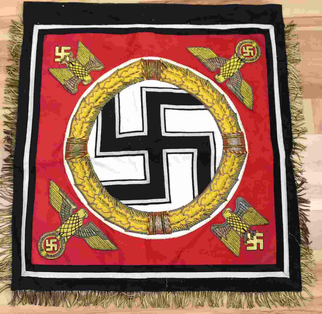 WWII GERMAN THIRD REICH NSDAP EMBROIDERED FLAG: WWII German Third Reich NSDAP hand embroidered flag, measures 30 X 30 inches. Double sided Fruher Standard display with single header. The embroidery is 1 inch wide and is on the left, bottom and righ