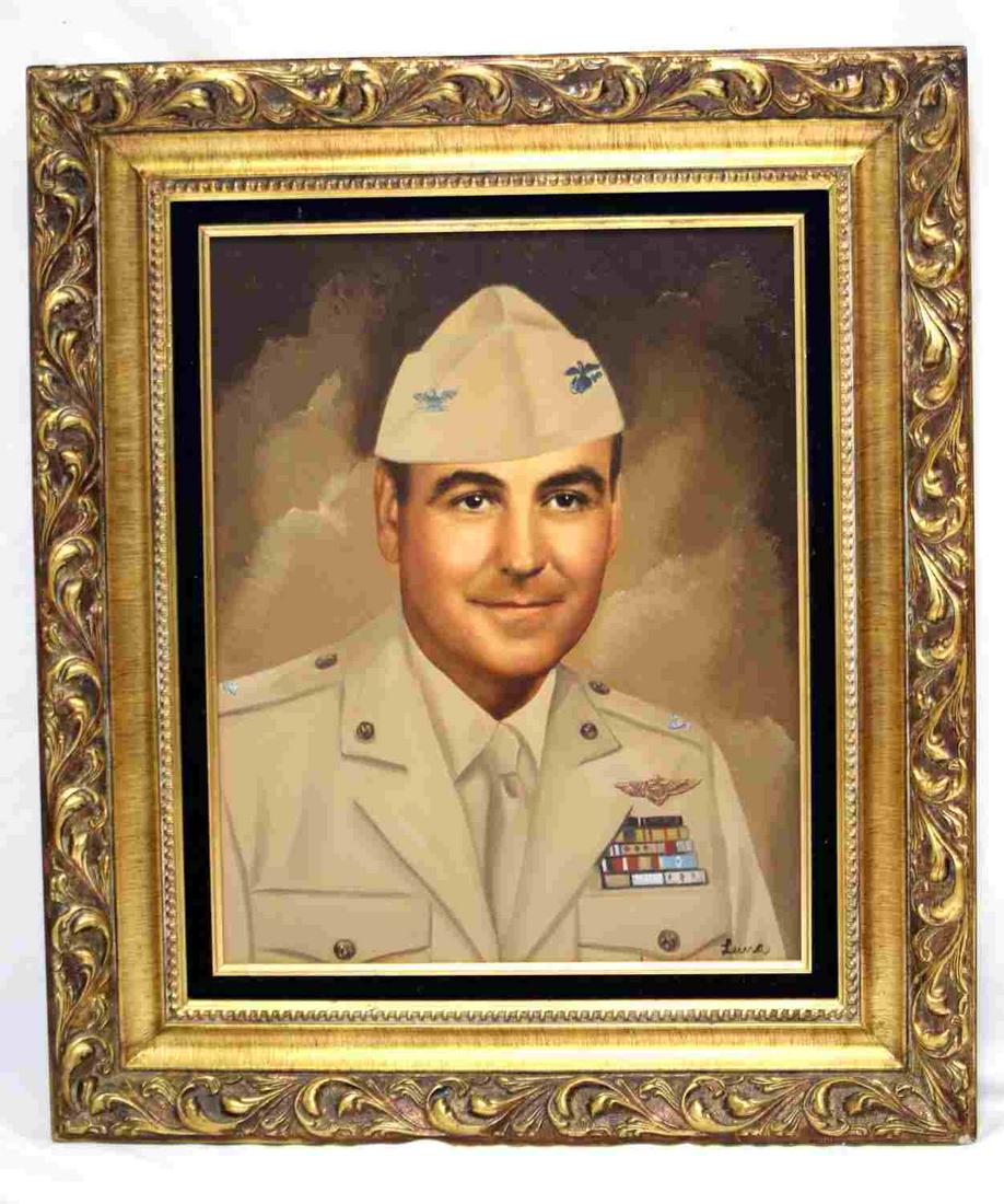 LARGE SOLDIER PORTRAIT OIL PAINTING W GESSO FRAME: Large decorated soldier portrait oil painting with a gold gesso frame, measures 24.5 X 2 X 28.5 inches. Posed in a slight 3/4 view displaying multiple awarded medals, "Luna" signature on bottom right 