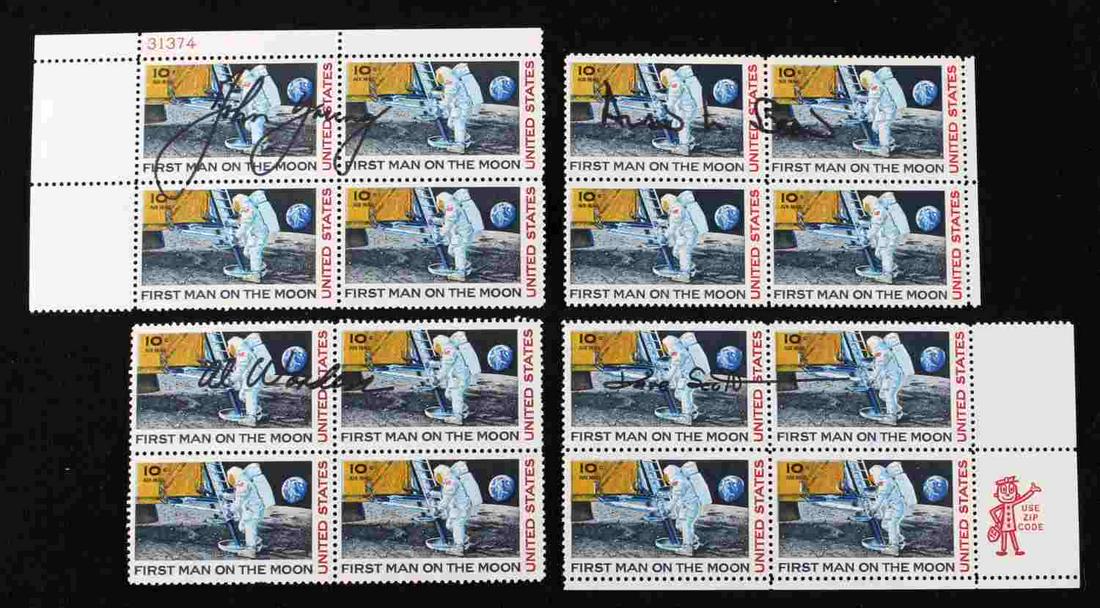 LOT OF 4 AUTOGRAPHED 'FIRST MAN ON THE MOON" STAMP: Lot of four "First Man on the Moon" stamps includes autographs from John Young, Alan Bean, Al Worden and David Scott. Each has four stamps, connected with no tears, discoloration or damage. Signatures