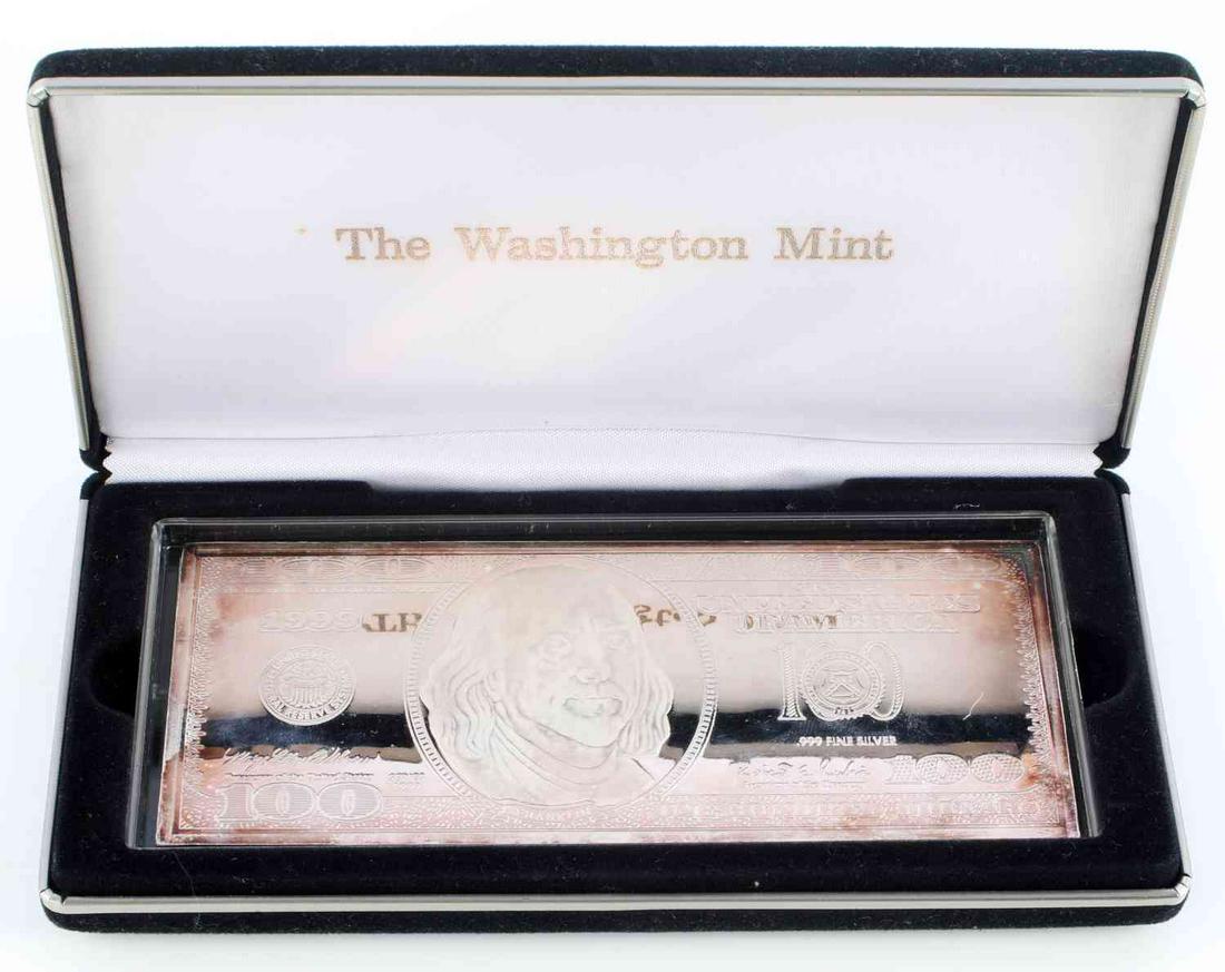 4 OZ WASHINGTON MINT $100 FINE SILVER BULLION BAR: Electronically tested, Washington Mint $100 Silver Bill Bar, 4 ozt. fine silver .999 in presentation box with no COA.