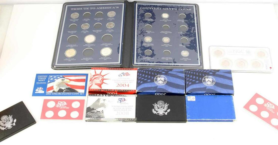 US COIN COLLECTION SILVER PROOF BARBER MERCURY: Includes a Commemorative Gallery binder of 4 silver war nickels, 3, 40% silver Kennedy half dollars, 2 Mercury dimes, 1 Barber , 1 Roosevelt dime, silver proof sets as issued by the mint, 1992, 1996, 