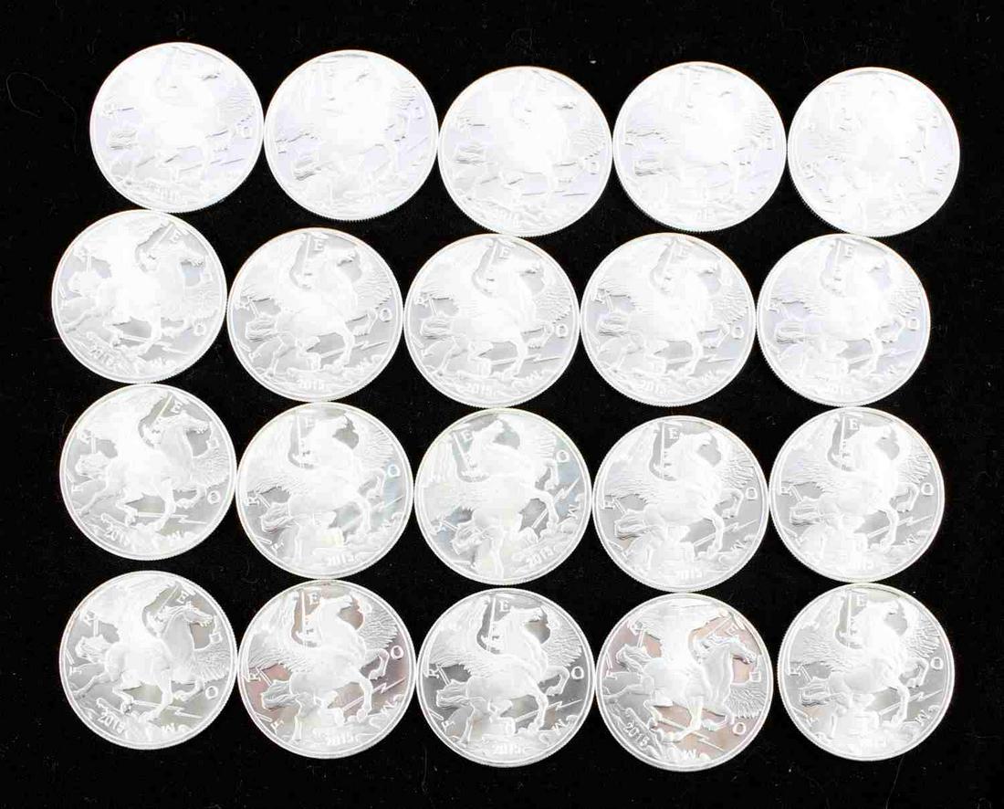 20 1 OZT .999 FINE SILVER PEGASUS ROUNDS: All electronically tested pure silver This lot has a reserve.