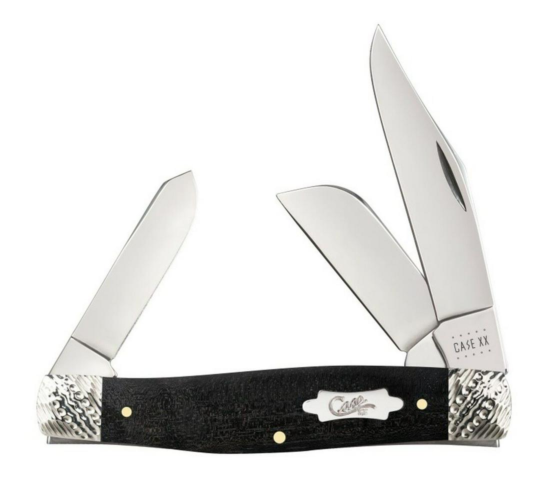 CASE LARGE STOCKMAN EBONY WOOD STOCKMAN 59673: Large stockman with ebony wood and worked bolsters. Black finish. Clip, sheepfoot, spey blades, Tru-sharp stainless steel, blades measure 3.2", 2.3", 2.2", Closed length 4 1/4 inches, 4.1 ounces. Made