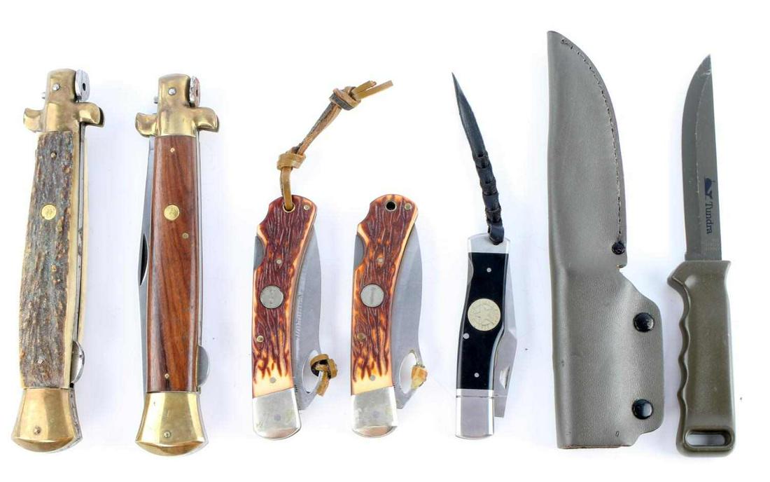 POCKET KNIFE LOT OF 6 STILETTO REMINGTON TUNDRA: Pocket knife lot of 6 includes: 2 8 inch Stiletto (wood and stag handles), 2 5 inch Remington folding lockback, 1 2008 Texas Ranger 4 inch folding and 1 9 inch Tundra fixed blade in olive drab. All kn