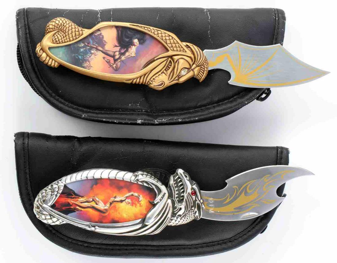 TWO FRANKLIN MINT KNIGHTSTONE FANTASY KNIVES: Stainless steel folding knives from Knightstone collection. Both come with branded padded pouch. Silver colored knife depicts "Mistress of Fire" and gold colored knife depicts "Goddess of Ecstacy". Ve