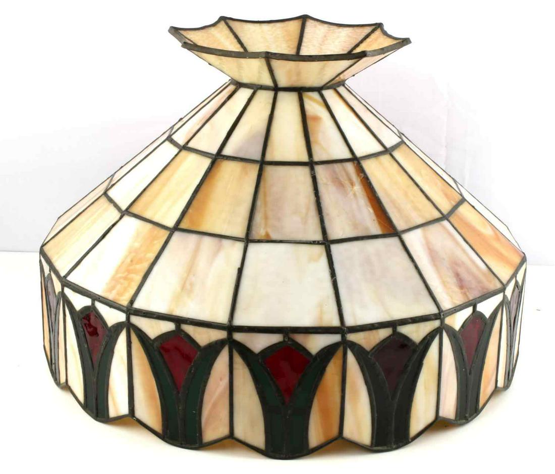 VINTAGE HANGING SLAG GLASS LAMP WITH AMBER TULIPS: Height 13 inches, diameter 19 inches. In good condition with 1 panel broken.