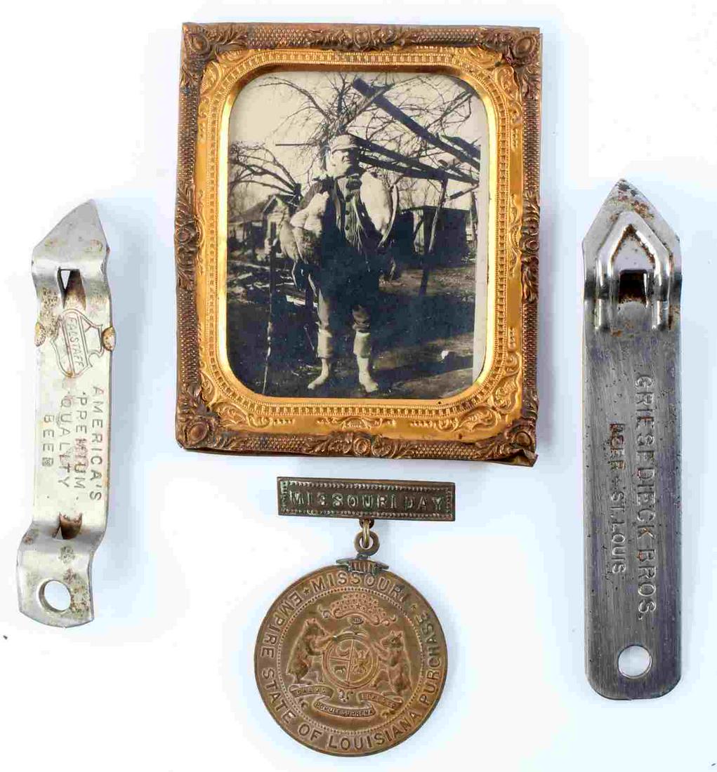 4 ANTIQUE MISSOURI DAY MEDAL & BEER BOTTLE OPENERS: Lot includes a Missouri day 1904 medal, 2 beer openers from Griesedieck and Falstaff Brewing Corps, and an old photo of a man holding a shotgun with birds he killed while hunting. Measurements range 1