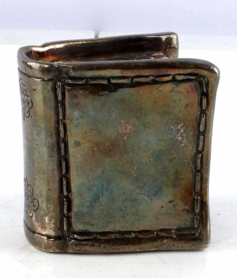 HAZORFIM 925 SILVER BOOKCASE TOOTHPICK HOLDER: Engraved sculpted toothpick holder, 3 inches tall and 2.5 inches wide. Marked Hazorfim 925 at lower side, and 925 at bottom.. Weight: 234.6 g. Condition: very good
