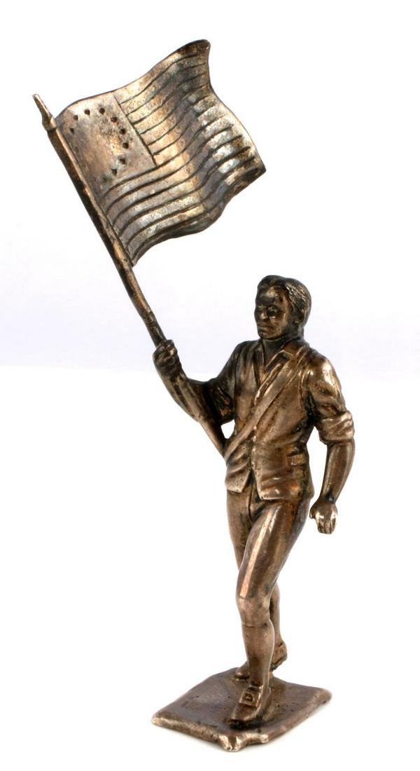 925 SILVER MINI STATUE PERSON W 13 STAR US FLAG: Depicts person holding the 13-star flag. Stands 4 inches tall. Dedication to bottom 'For my son David 5/31/76, also marked 925. Very good condition.. Weight: 60.7 g. Condition: very good