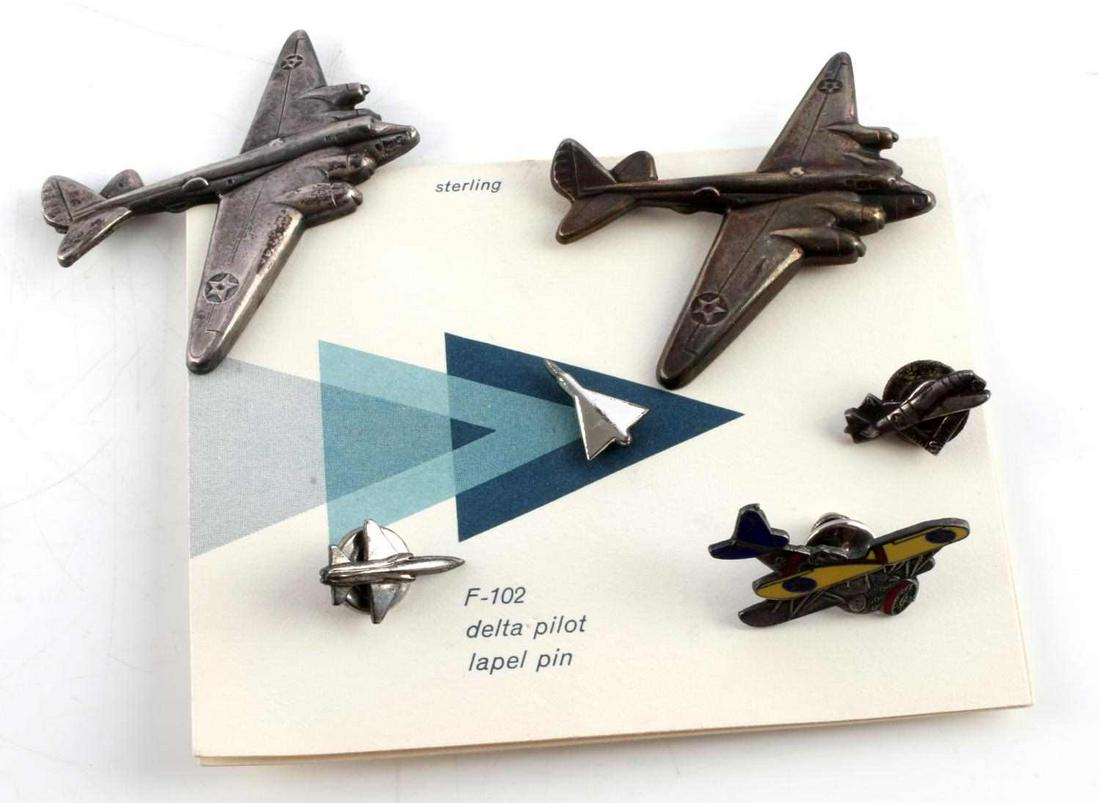 6 STERLING SILVER B-29 F102 BI PLANE PIN BADGES: Includes a F-102 Delta wing lapel pin in envelope, 2 bombers, bi plane trainer and Korean war fighter, F-4 PIN