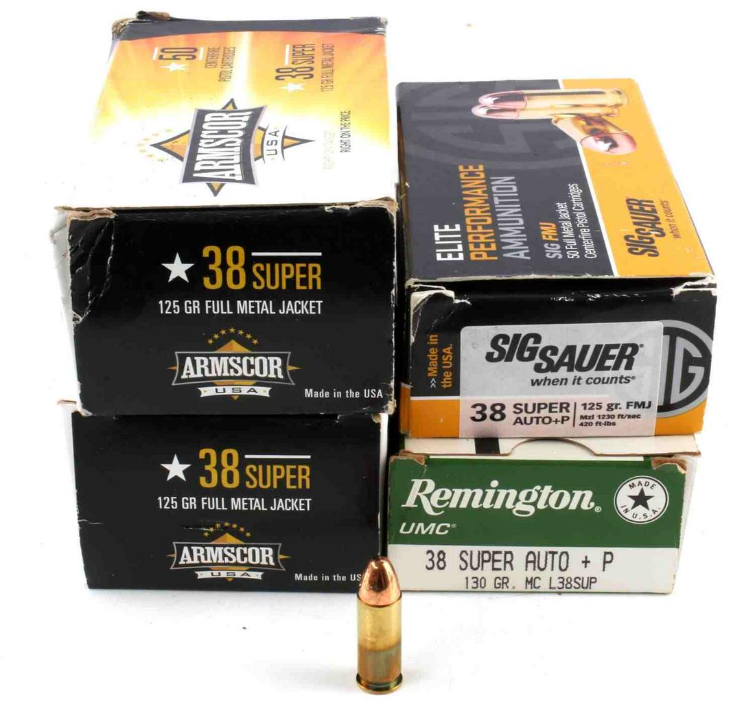 151 ROUNDS OF ASSORTED .38 SUPER AMMUNITION: 100 rounds of Amscor, 34 rounds of Remington, and 17 rounds of Sig Sauer. Original boxes.