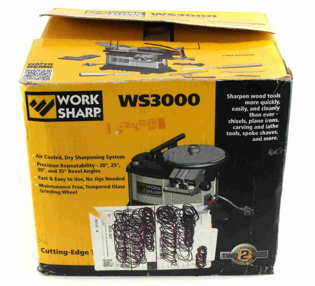 WORK SHARP WS3000 WOODWORKING TOOL SHARPENER: Work Sharp WS3000 woodworking tool sharpener. Untested with the box being opened but items inside are still sealed so it appears to never have been used.