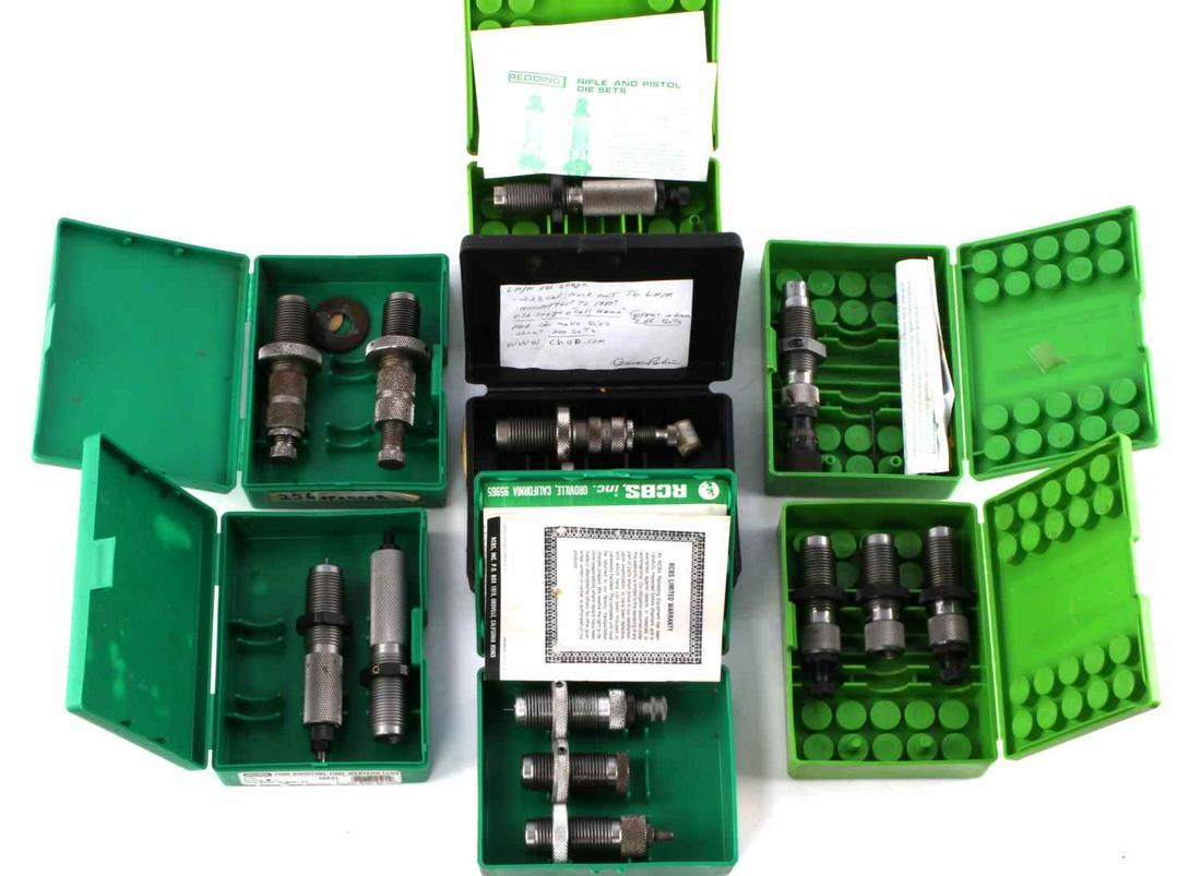 EX GUNSMITH LOT OF ASSORTED RELOADING DIE SETS: Lot of assorted reading die sets. Includes reading dies for 7mm, .416 Weatherby, .32-20 Winchester, .256 Spencer, 6mm Old Sarge, and .30 Carbine. 7 sets with 15 pieces total. Appear to be in very fine