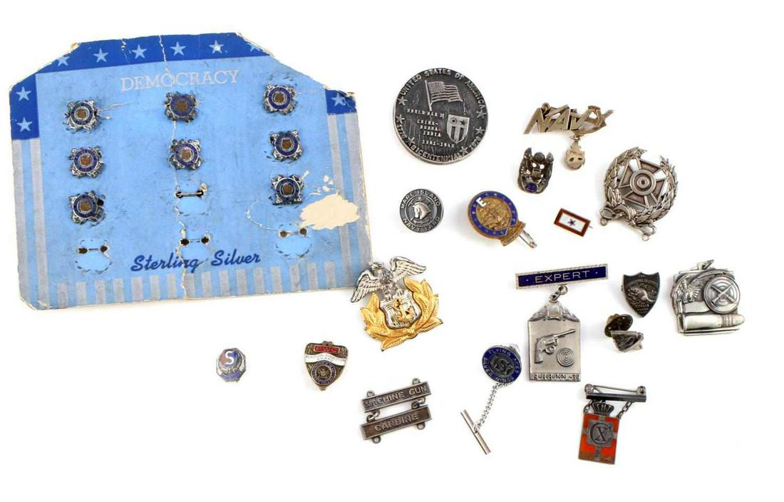 LOT OF 25 MILITARY PINS STERLING SILVER 109 GRAMS: 8 coast guard sweets heart lapel pins on original board. Coast guard and Navy enamel pins.