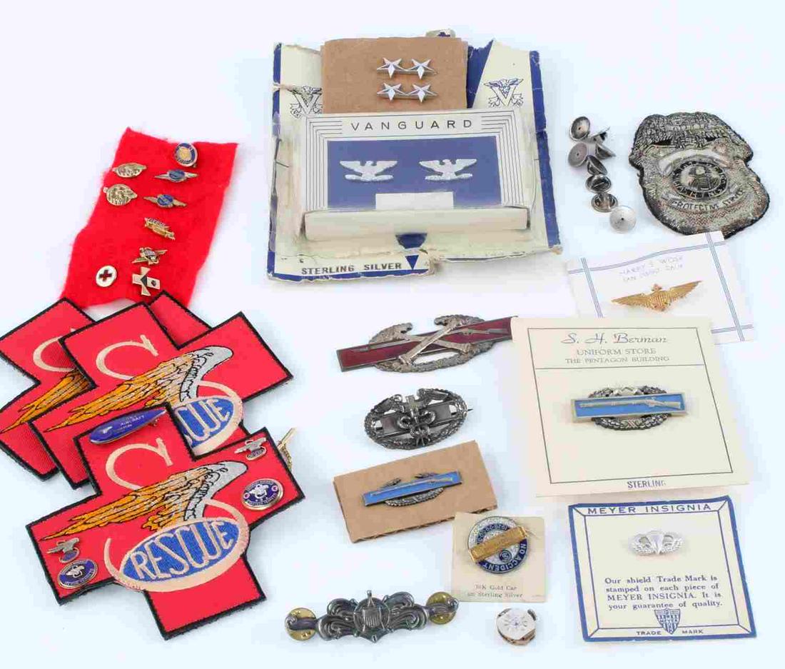 ASSORTED US MILITARY MEDAL PIN PATCH INSIGNIA LOT: Lot includes: State of Washington Protective Service patch, Meyer sterling wings, sterling pin backs, 10K gold car over sterling pin, Benrus 23 jewels watch movement (15 mm), Combat Infantry sterling 