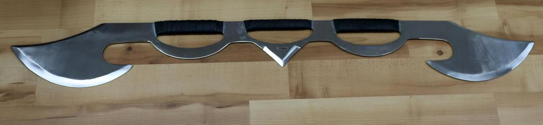 LARGE MODERN STEEL SCIMITAR SWORD FOR PLAY: Two large 11 inch curved blades at ends, pointed blade at center, leather grips. Pakistan sticker. Good condition.