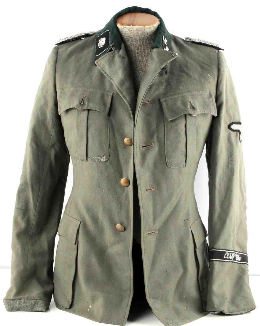 WWII GERMAN THIRD REICH WAFFEN SS OFFICER TUNIC: Third Reich SS officer tunic. Grey wool tunic with Sturmbannfurher rank collar tab and shoulder boards. Totenokopf collar tab on right collar. Parteiadler patch and Adolf Hitler cuff title on left arm