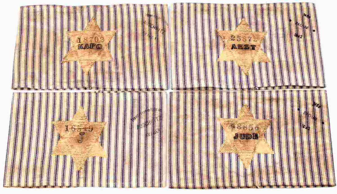 4 WWII GERMAN AUSCHWITZ DACHAU CAMP ARMBANDS: 4 WWII German Auschwitz and Dachau concentration camp armbands. White with blue stripes and gold Stars of David to the center. 'J', 'Jude', 'ARZT', and 'KAPO'. Staining present, numbered and stamped. 