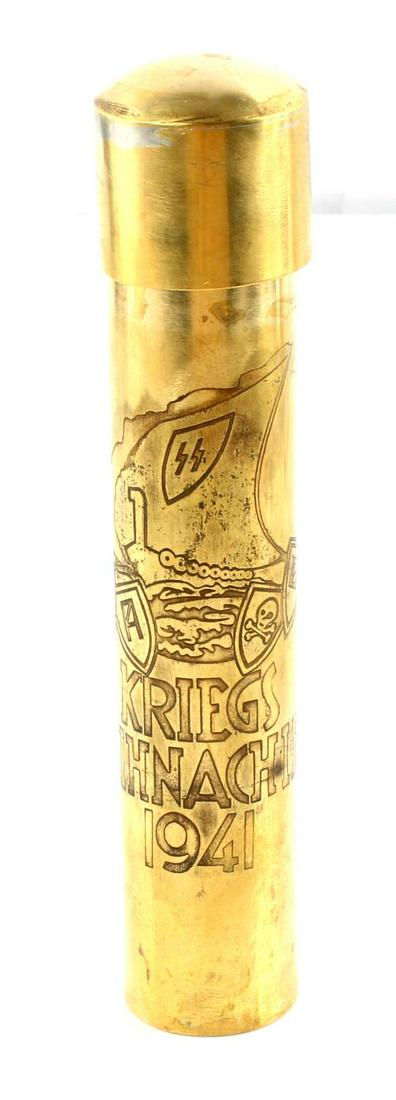 WWII GERMAN THIRD REICH SS WALKING CIGAR CASE: 6.5 inches long, engraved with SS symbols reads kriegs weihnachien 1941. Bottom says SS-reich Unauthenticated, sold as is. This lot has a reserve.