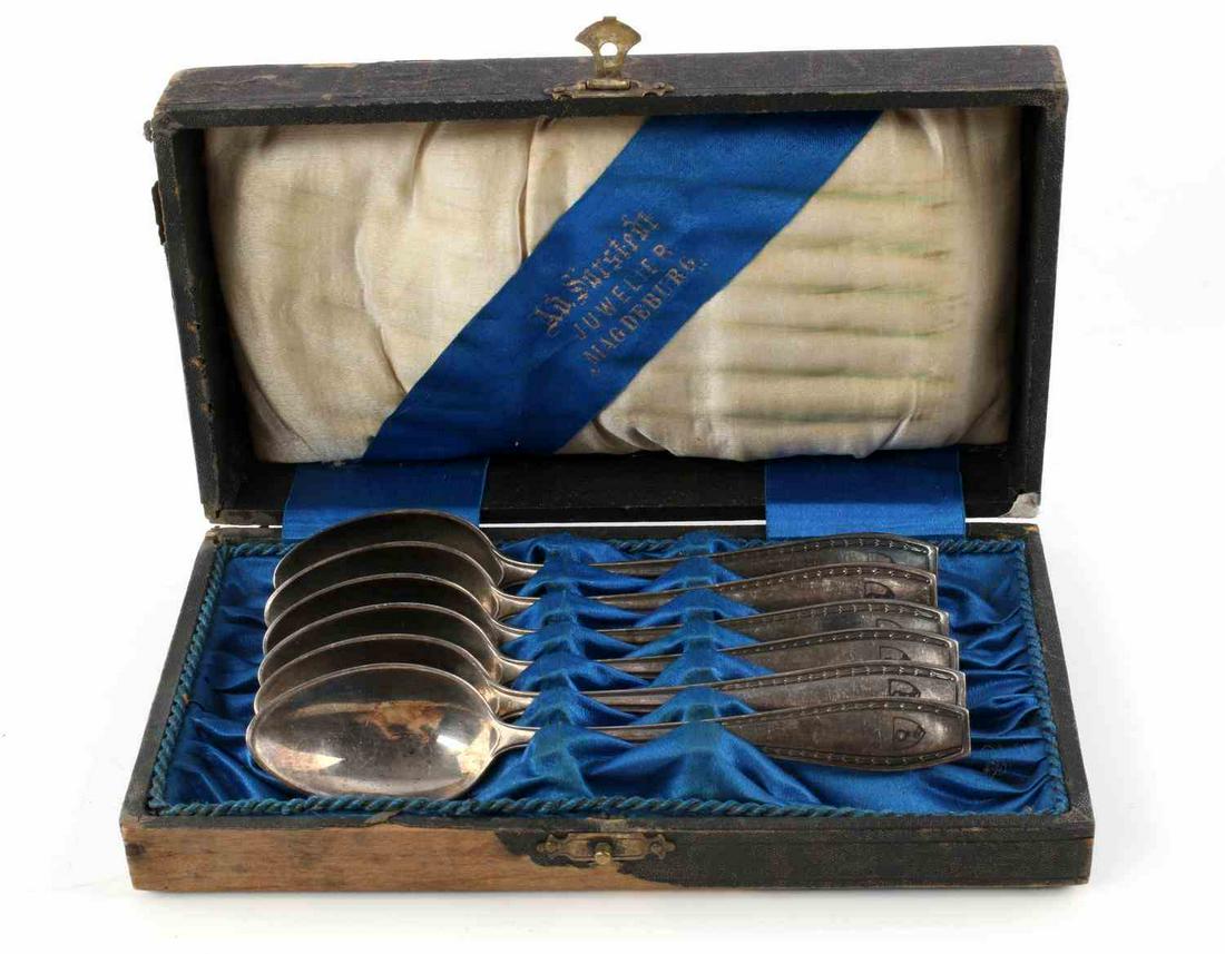 TEA SPOONS IN CASE GORING STERLING SILVER: 148.8 grams. 6 Spoons marked AWS Wellner Silber. Box embroidered juwelier magdeburg. Possibly owned by Hermann Goring. Unauthenticated, sold as is. This lot has a reserve.