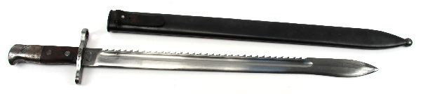 SWISS MODEL 1914 PIONEER SAWBACK BAYONET: Model 1914 Pioneer bayonet sawback, often referred to as 1911 Pioneer bayonet. Designed for use with Schmidt-Rubin Models 1911 Carbine and the K31. Blade is similar to other sawback models with an add