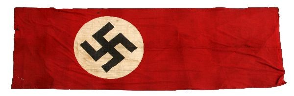 LARGE WWII NAZI THIRD REICH CAPTURED BANNER: Approximately 8x15 feet. Double sided cotton Nazi banner with printed roundel sewn on a red field. Reputedly taken from stadium in Nuremberg. Some staining and mothing.