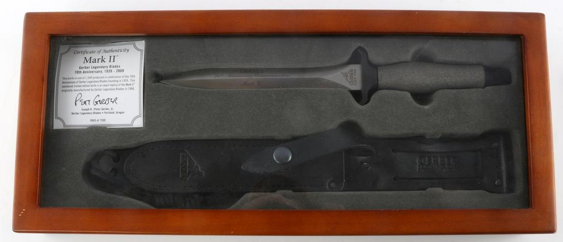 GERBER MARK II 70TH ANNIVERSARY FIGHTING KNIFE: With COA limited edition 0945/1500, in 17 by 7 inch case.