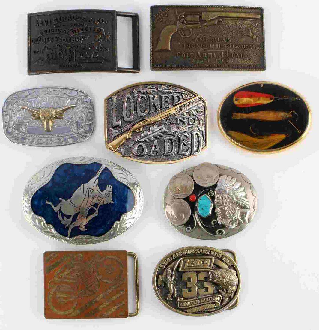 BELT BUCKLE LOT OF 9 SOUTHWESTERN LEVI COLT ZEBCO: Lot of nine modern to vintage buckles include Colt Army 44 cal, locked and loaded, Buffalo Nickel, Levi Strauss, fishing- Zebco and Horizon Motor Cross. Condition: pre-owned.