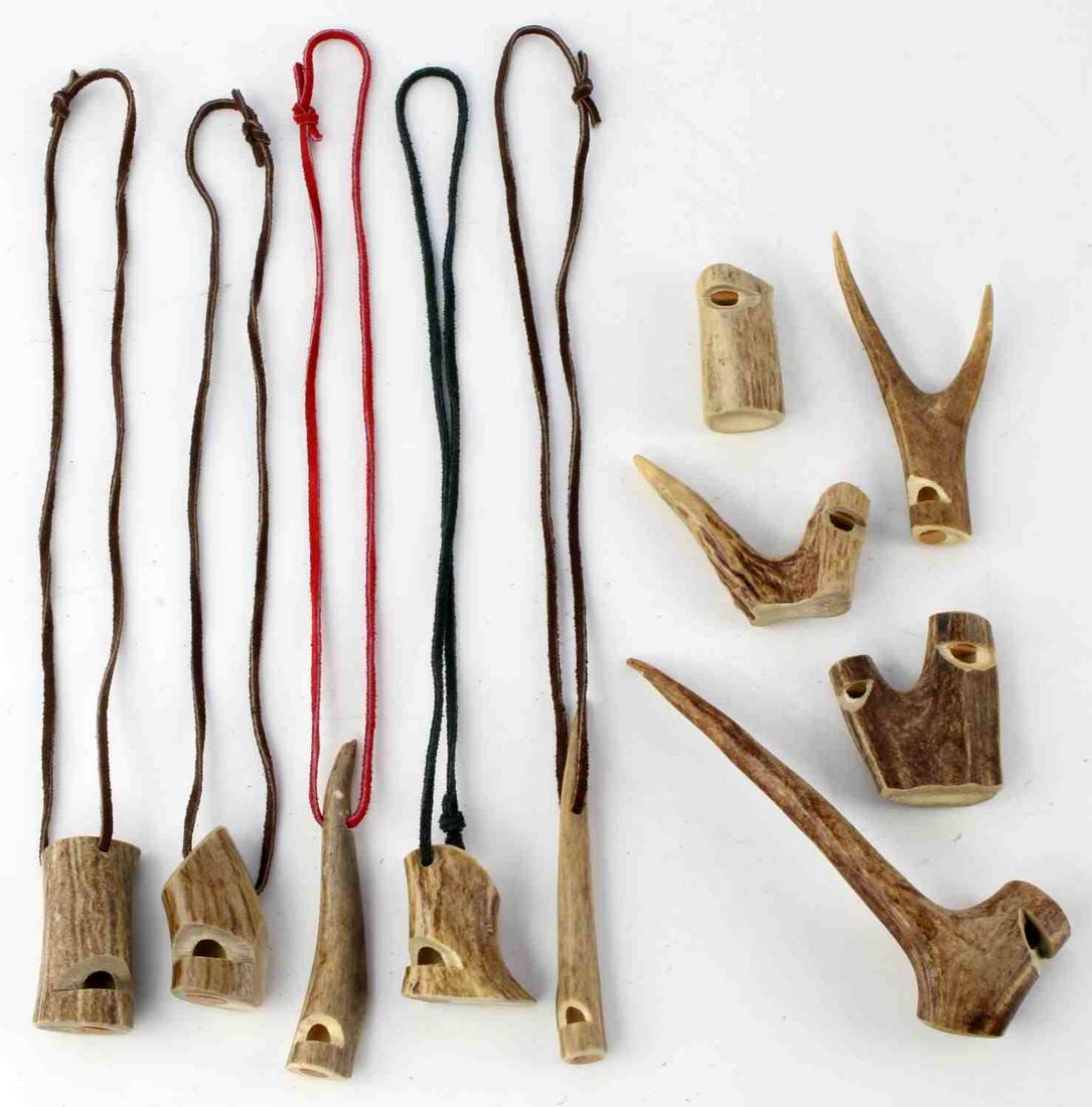 10 HAND MADE DEER ANTLER WHISTLE LOT 2 TO 8 INCHES: Well crafted all work, 5 are with leather strap.