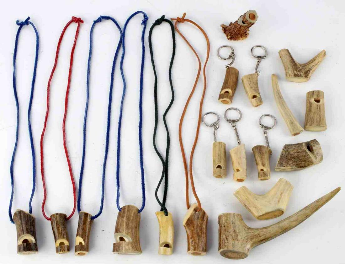 18 DEER ANTLER HAND MADE WHISTLE LOT 2 TO 7 INCHES: Well crafted, 6 have lanyards, 5 have key chains, 1 is a double whistle.