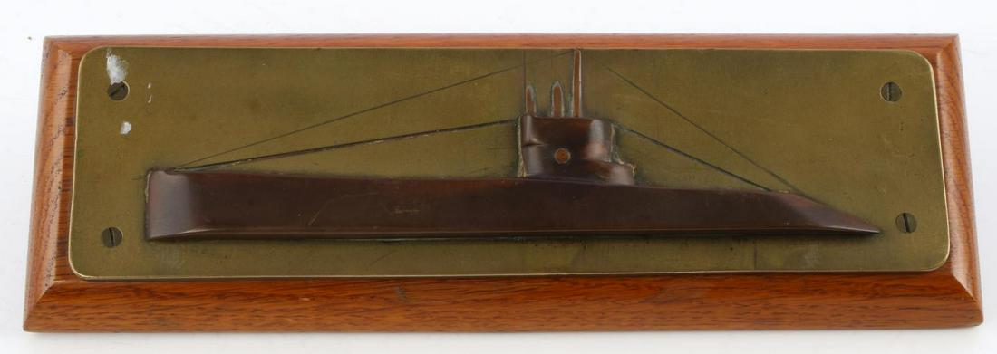 WWI GERMAN U BOAT SUBMARINE TRENCH ART COPPER MODE: Copper on brass mounted on wood, well crafted, plate and submarine measure 9 inches, wooden mount is 10 inches