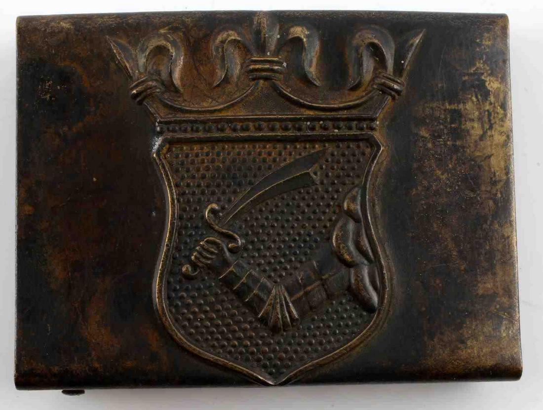 WWI IMPERIAL AUSTRIA BOSNIA TROOPS BELT BUCKLE: No maker mark, very scarce Bosnia buckle, some finish loss otherwise very good.