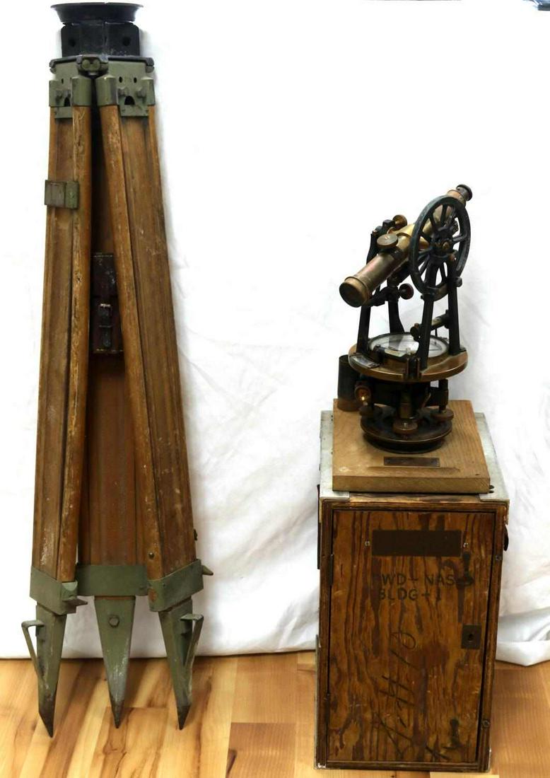 ANTIQUE US NAVY BUFF & BUFF SURVEY TRANSIT: Buff & Buff Transit In Case. Brass transit with 10 in. brass scope; 4 inch silvered compass dial reads Buff & Buff Mfg. Co. 26398, Boston. Set on its original seat board numbered 123578 and oak plywoo
