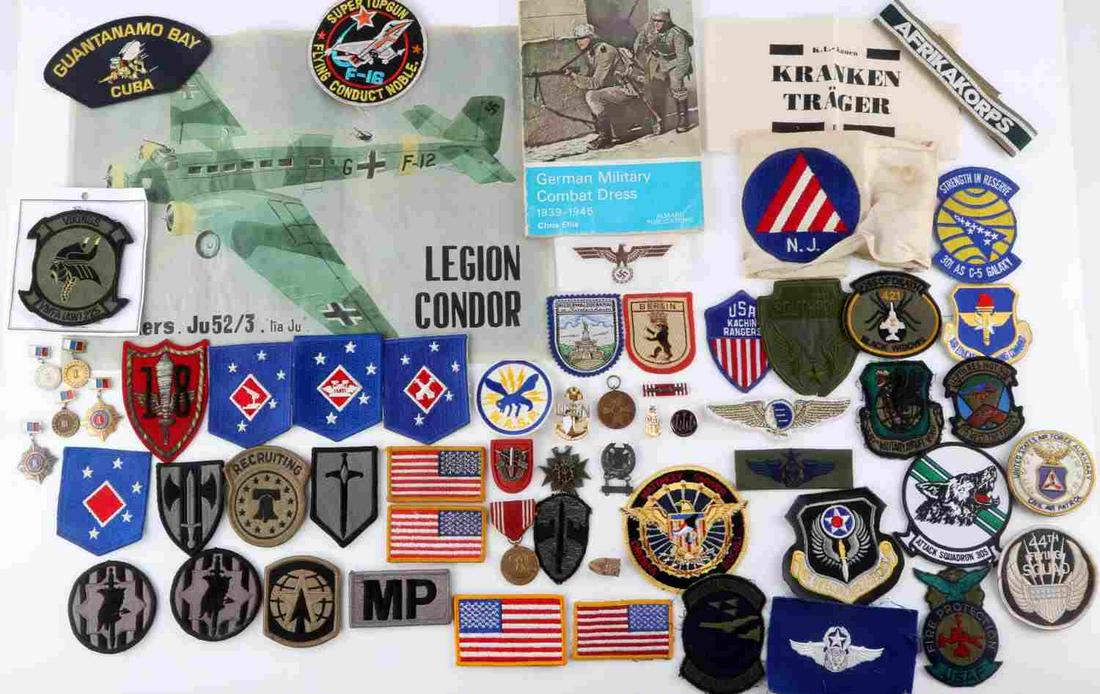 WWII VIETNAM MULTI CONFLICT COLLECTABLE LOT: Partial listing includes Condor legion poster, patches including USMC Raider, USAF, US Army, WASP pilot, Vietnam Special Forces flash, Civil War Minnie ball, Third Reich Combat Dress book guide, Germa