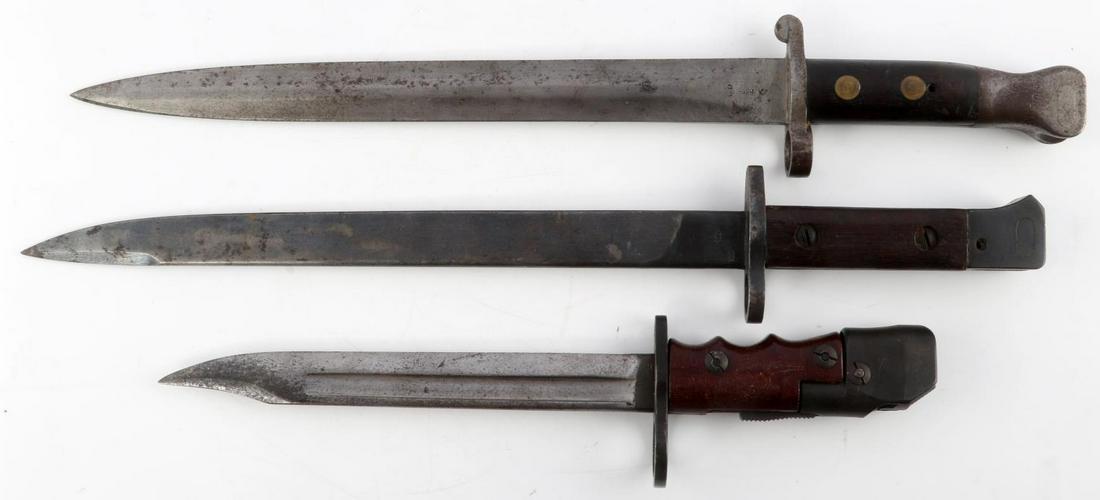 AK-47 & 2 WWI BRITISH BAYONET LOT NO SCABBARDS: War department stamped MKII bayonets and Chinese Bowie tipped AK 47.