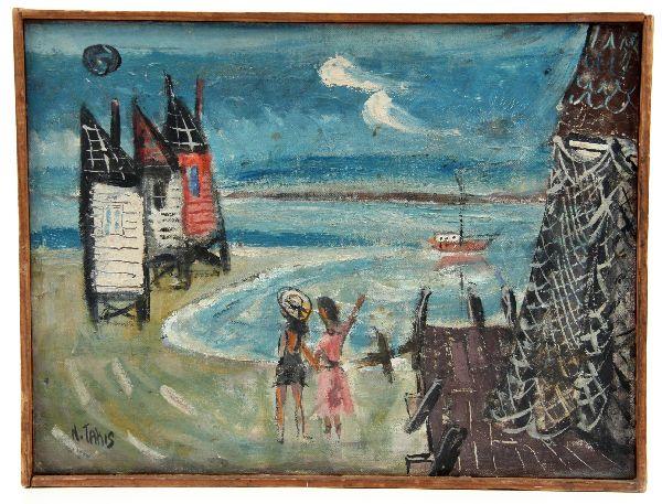 ORIGINAL NICHOLAS TAKIS OIL ON CANVAS PAINTING: "Sea Port" as described on back with #107 and signed by Takis (American 1903-1964) with the size (12 x16). Stretcher is simply framed with wood strips. Overall condition is very good with very minor c