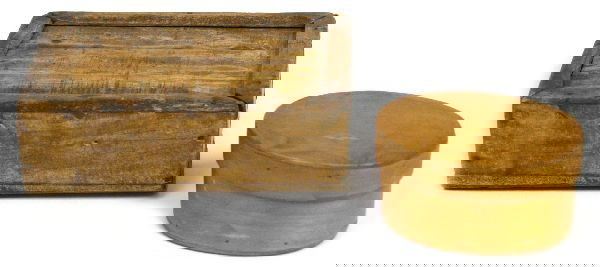 SMALL SHAKER OVAL BOX AND HANDMADE SEED BOX: Small oval-shaped Shaker box with lid. Measures 3.75 by 5.5 inches by 3 inches tall. Pine construction, fastened with woven hemp. Very well made. Also included is a hand crafted pine seed box, with sl