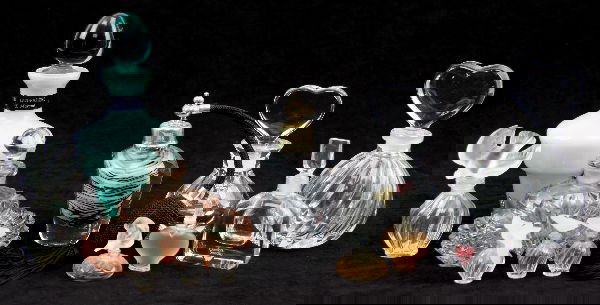 VINTAGE PERFUME BOTTLE LOT-MURANO LALIQUE ORREFOR: A collection of 12 art glass and crystal perfume bottles including: a 7.25 inch Lavorazione T. Murano millefiori perfume bottle, 2 Orrefors Sweden crystal perfume bottles, a 4.75 inch pink crystal Cze