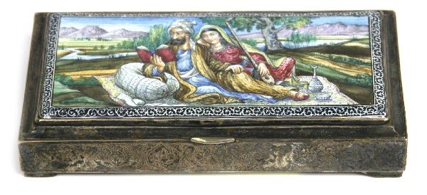 PERSIAN IRANIAN SILVER TOBACCO BOX W/ ENAMELED LI: Enameled lid depicting a Persian couple resting in the countryside with instruments and drink. Very good color. Hand hammered floral motif on sides. Iranian silver hallmarks. . Size: 3.5 L x 6.5 W x 1