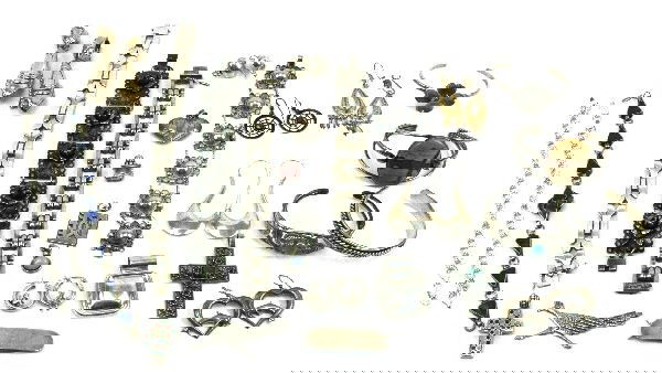 MIXED MEXICAN & NATIVE AMERICAN STERLING JEWELRY: A good variety of sterling silver Mexican, Navajo, and Zuni jewelry. Pieces include: (7) different decorative link bracelets, (4) cuff bracelets (8) pendants, and (7) pairs of earrings. . Weight: 13.6