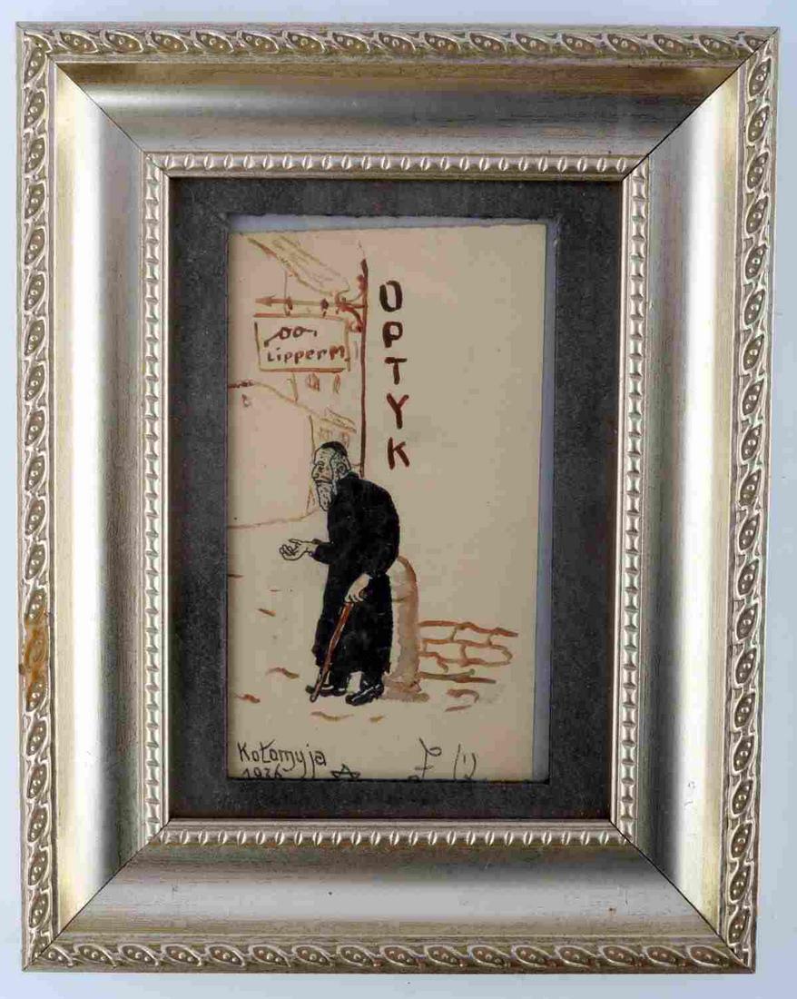 1936 POLISH ANTI-SEMETIC PROPGANDA PAINTING SIGNED: 9 1/2 x 7 1/2 inches, framed. Depicts blind Jewish man begging for money in front of an Optician office. Bottom left reads Kotamyja 1936 with a Star of David. Bottom right signed by artist.