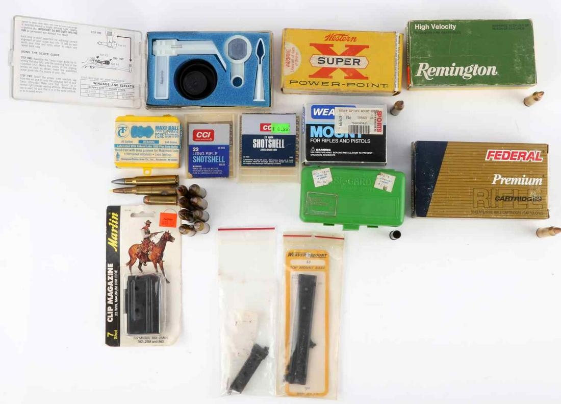 LARGE LOT 110 ROUNDS OF RIFLE & HANDGUN AMMUNITION: Large lot of 110 Rounds of Rifle and Handgun Ammunition plus Accessories includes; In box, (49) REMINGTON WW, (8) 243 6mm 100gr. WINCHESTER soft point, (10) 243 Win 80gr. REMINGTON soft point, (15) 27