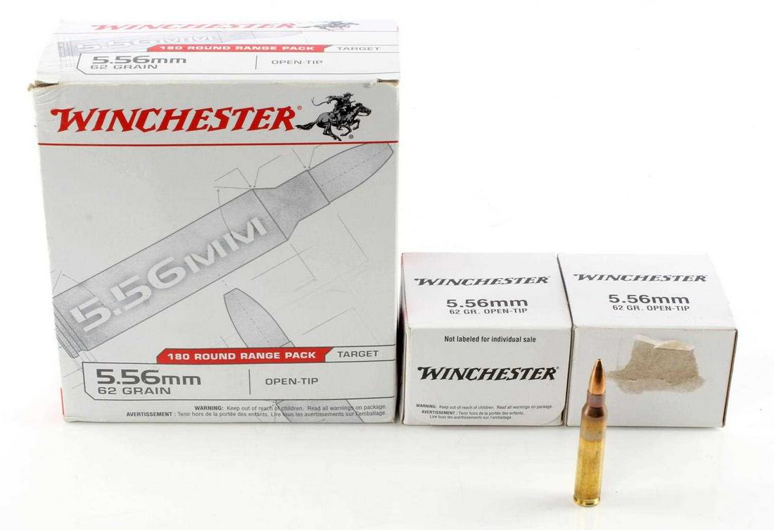 240 ROUNDS 5.56MM 62 GRAIN WINCHESTER OPEN-TIP: Winchester 5.56mm ammunition. 62 grain open-tip. 2 boxes of 30 rounds and one box of 180 rounds.
