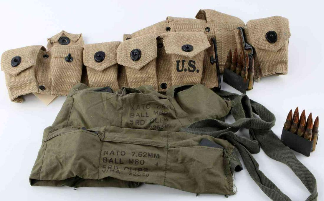 M-1 GARAND 19 8 ROUND STRIPPER CLIPS AMMUNITION: 9 Clips in reinactor India made web belt, balance in 2 Vietnam era ammo belts, 152 rounds, headstamped LC13 for 30-06 post war rounds.