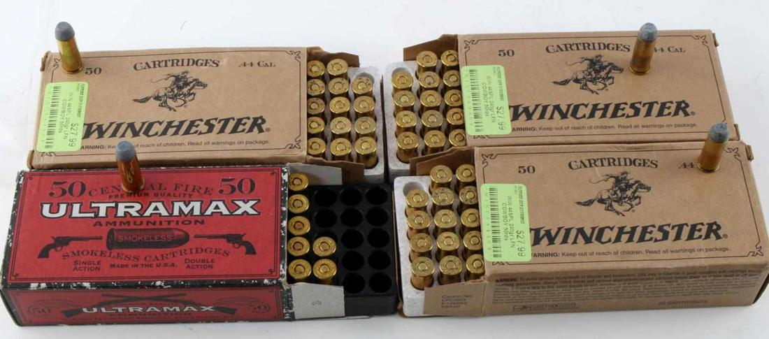 188 ROUNDS WINCHESTER ULTRAMAX .44 CAL AMMO IN BOX: Includes: 3 boxes of 50-rd Winchester .44 special, 240 grain lead flat nose, and 38 rds of Ultramax .44 special, 200 grain round nose flat point ammo.